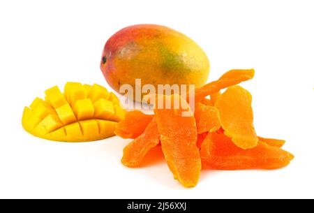 Candied Mango Strips on a White Background Stock Photo
