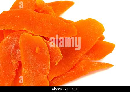 Candied Mango Strips on a White Background Stock Photo