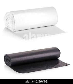 Rolls of disposable trash bags isolated over white background. Stock Photo