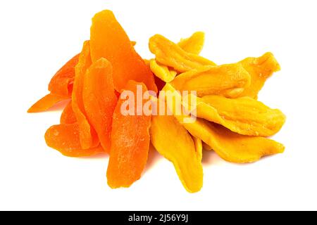 Candied and Dehydrated Mango Strips on a White Background Stock Photo