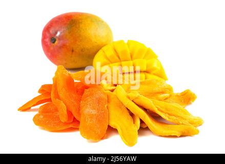 Candied and Dehydrated Mango Strips on a White Background Stock Photo