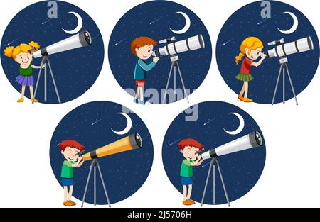 Set of different kids looking through telescope at night illustration Stock Vector