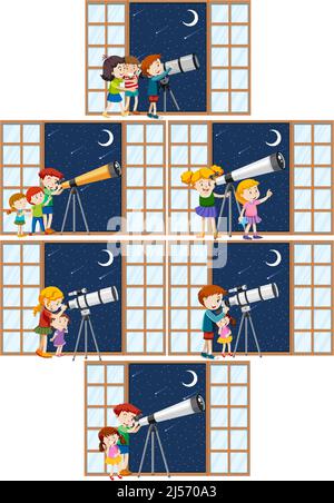 Set of different kids observe night sky with telescope illustration Stock Vector