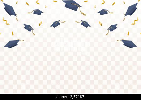 flat flying Graduation caps confetti with gold ribbon illustration Stock Vector