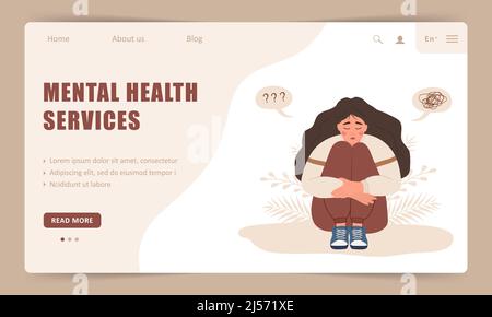 Mental health service. Landing page template. Lonely woman sitting on floor and hugging knees. Depressed teenager needs psychological help. Mood Stock Vector