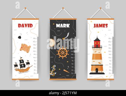 Kids height charts collection. Meter wall with pirate ship, lighthouse and map. Vector illustration in doodle cartoon style. Childish growth chart Stock Vector