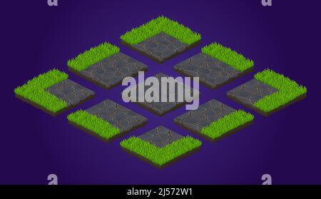 Isometric ground tiles game texture, paving stones with lawn grass. User interface elements for landscaping and world creation. Garden or farm isolated square landscape blocks, 3d Vector illustration Stock Vector