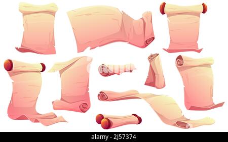 Parchment scrolls, old banners letters, cartoon rolls, blank paper open and convolute antique manuscript or vintage papyrus, map, documents isolated on white background, vector illustration, icons set Stock Vector