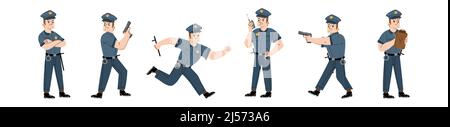 Policeman, police officer or guard character in blue uniform with cap, baton and handcuffs. Vector flat illustration of man cop with walkie talkie, aiming with gun, run and write traffic ticket Stock Vector