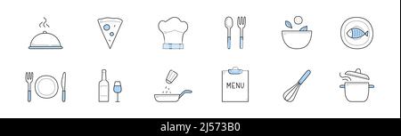 Set of cooking and chef restaurant doodle icons. Menu elements cloche lid with meat, pizza slice, toque and fork with spoon. Bowl, plate with food, bottle and wineglass, whisk, pan Linear vector signs Stock Vector