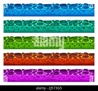 Game grounds textures of different colors lava. Vector cartoon set of land platforms with seamless pattern of hot liquid magma with stones isolated on white background Stock Vector