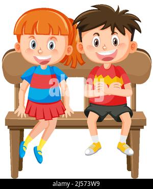 Children sitting on the wooden bench illustration Stock Vector