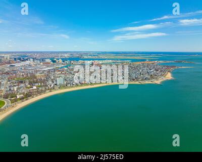 L Street Beach and Dorchester Penninsula historic district aerial view in spring from South Boston, Massachusetts MA, USA. Stock Photo