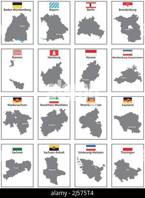 Vector maps with flags of the 16 states of Germany Stock Vector