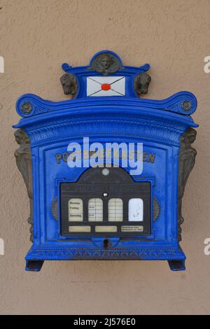 Traditional old blue postbox in Germany, vintage, nostalgia Stock Photo