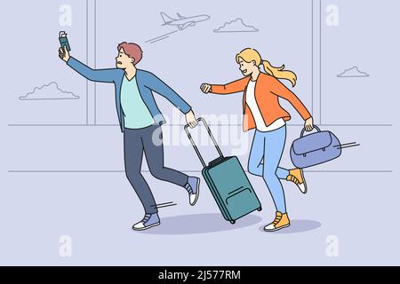 Worried couple tourists run in hurry for plane in airport. Man and woman travelers in rush not to miss flight going to vacation or trip. Travel and tourism concept. Vector illustration.  Stock Vector