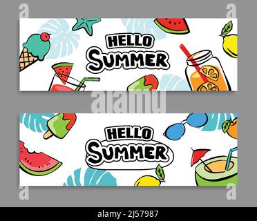 Hello summer banners design hand drawn style. Summer with doodles and objects elements for beach party background. Stock Vector