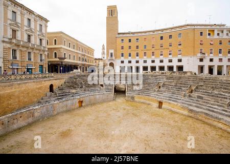 Augustan Roman theater of Lecce is located in the Sant'Oronzo Square (piazza) of the old town. Apulia, Italy. Stock Photo