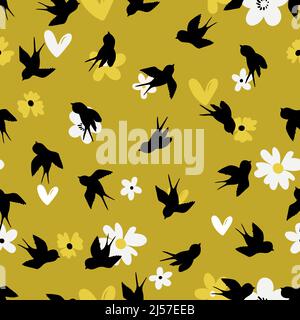 Seamless pattern with swallow silhouette on color background. Cute bird in flight. Vector illustration. Doodle style. Design for invitation, poster Stock Vector