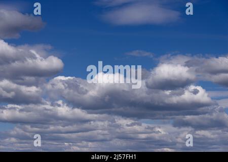 Sunny spring day. Blue sky covered with billowing white-gray clouds. Clouds partially obscure the sky. Stock Photo
