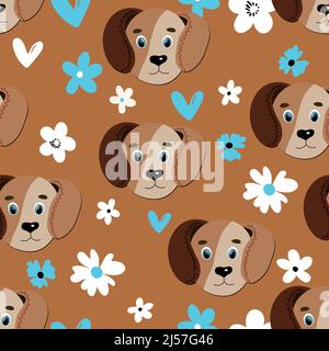 Seamless pattern with cute dog face on color floral background. Vector flat animals colorful illustration for kids. Adorable cartoon character. Design Stock Vector