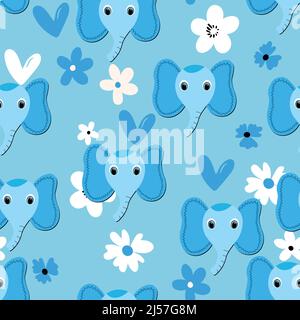 Seamless pattern with cute elephant face on color floral background. Vector flat animals colorful illustration for kids. Adorable cartoon character Stock Vector