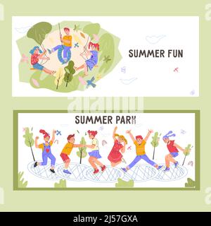 Summer park and kids camp activity advertising banners or flyers set. Kids summer fun and attractions promo posters, cartoon flat vector illustration. Stock Vector