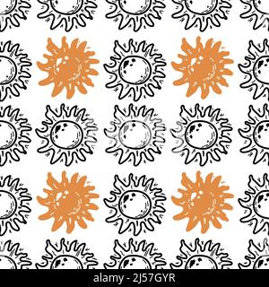 Seamless pattern of stylized planets, hand-drawn in sketch style. Sun. Star. Monochrome elements on white background Stock Vector