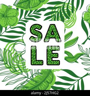 Discount banner, discount poster decorated with monochrome tropical leaves and strelitzia flowers. Tropical palm leaves, monster and hand-drawn sketch Stock Vector