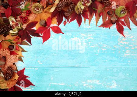Harvest festival Autumn background border concept. Nature composition for the Fall, Halloween and Thanksgiving season. On rustic blue wood. Stock Photo
