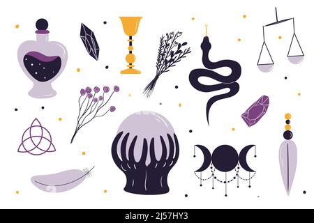 Set of witchcraft elements. Hand drawn collection in clean modern style. Wiccan themed illustrations, mysticism, spiritualism. Vol.3 Stock Vector