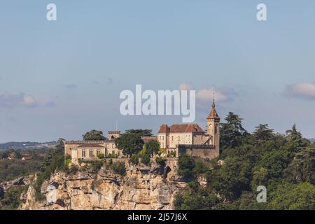 Panoramic view of bishop palace or Rocamadour castle on cliff. Lot, Occitania, Southwestern France Stock Photo