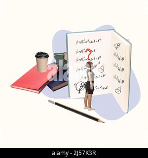 Contemporary art collage. School girl standing in front of giant open notebook and studying mathematical formulas Stock Photo