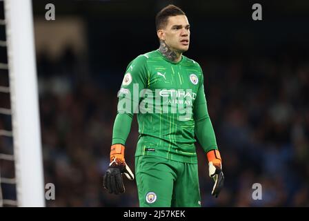 Manchester, England, 20th April 2022.  Ederson of Manchester City during the Premier League match at the Etihad Stadium, Manchester. Picture credit should read: Darren Staples / Sportimage Stock Photo