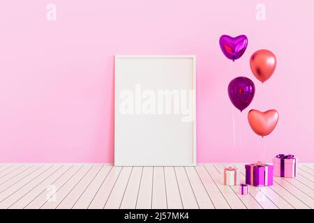 Poster mock up with pink glossy 3d realistic balloons in heart shape. Valentine's Day or wedding day romantic themes for party, events, social media o Stock Photo