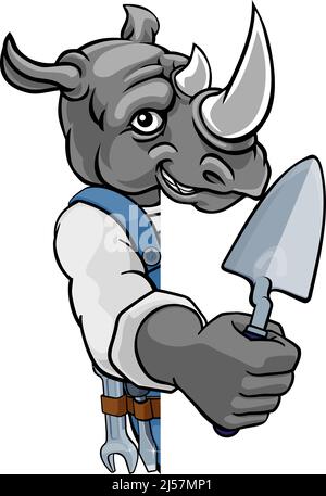 Rhino Bricklayer Builder Holding Trowel Tool Stock Vector
