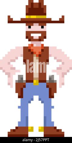 Pixel art cowboy holding a gun, vector illustration Stock Vector