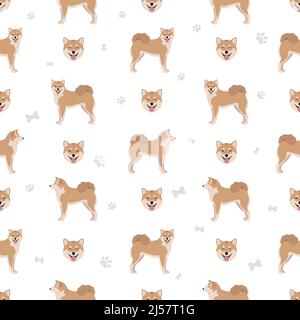 Shiba Inu, Japanese small size dog coat colors, different poses seamless pattern.  Vector illustration Stock Vector