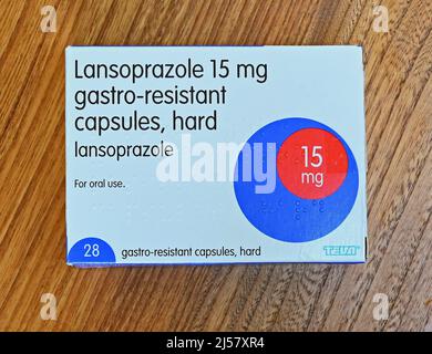 Photograph of Pack of Lansoprazole 15 mg gastro-resistant capsules, hard lansoprazole. For oral use. Teva UK Limited. Stock Photo