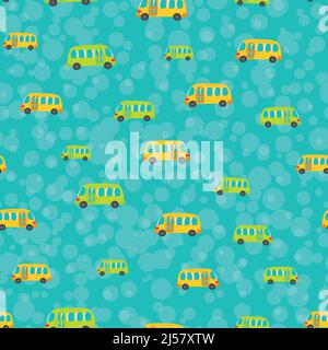 Seamless pattern with cute bus, car on color background. Cartoot transport. Vector illustration. Doodle style. Design for baby print, invitation Stock Vector