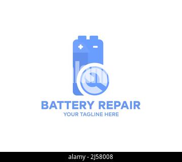 Charging battery repair logo design. Electrical energy and power supply source concept vector design and illustration. Stock Vector