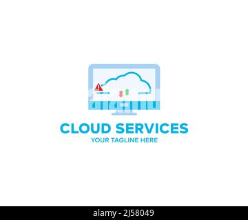 Cloud computing technology and online data storage logo design. Computer connects to internet server service for cloud data vector design. Stock Vector