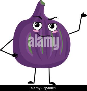 Fig character with emotions of hero, brave face, arms and leg. Person with courage expression, violet fruit emoticon. Vector flat illustration Stock Vector