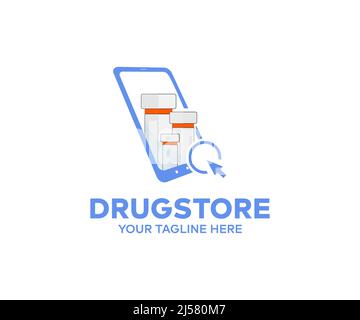 Online Pharmacy Drugstore logo design. Search bar on display in pharmacy drugstore vector design and illustration. Stock Vector