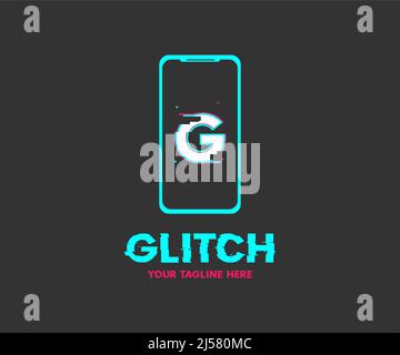 Futuristic digital Glitch app logo design. Glitched nightlife tech lines, neon gliich effect, abstract digital elements vector design and illustration. Stock Vector