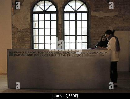 Italy, Venice, April 19, 2022 : 59th Venice Art Biennale in Venice. Pictured 'Fountain of Exhaustion' by artist Pavlo Makov at Ukraine's pavilion, on Stock Photo