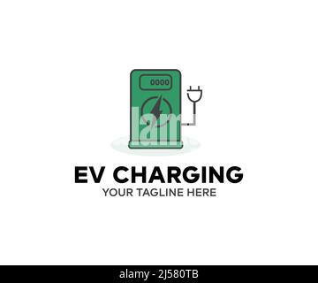EV charging station for electric car in concept of alternative green energy logo design. Eco-friendly sustainable energy concept vector design. Stock Vector