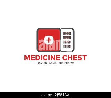 Medicine chest, first aid kit logo design. Red medicine chest vector design and illustration. Stock Vector