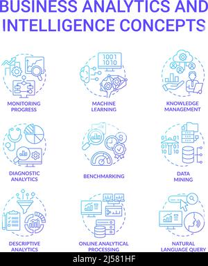 Business analytics and intelligence blue gradient concept icons set Stock Vector