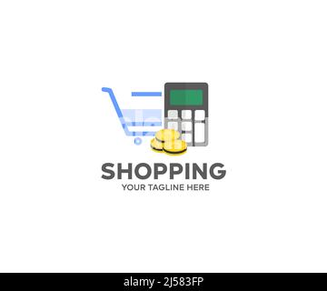 Counting finances using calculator, shop logo design. Shop cart vector design and illustration. Stock Vector